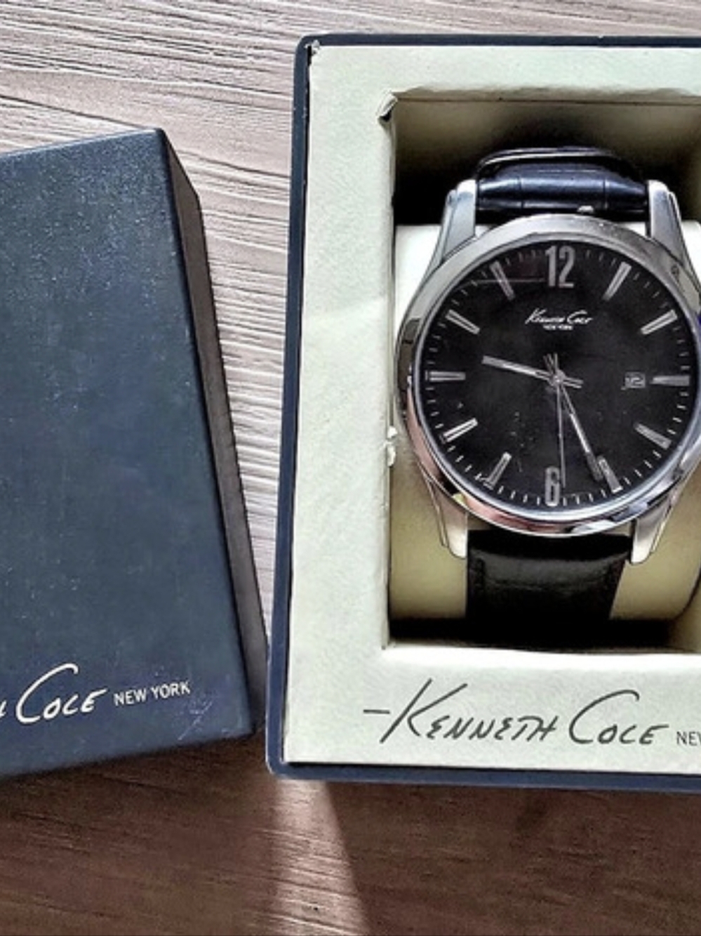 Kenneth Cole Black Silver-Tone Watch with Box. Battery Needs Replacement